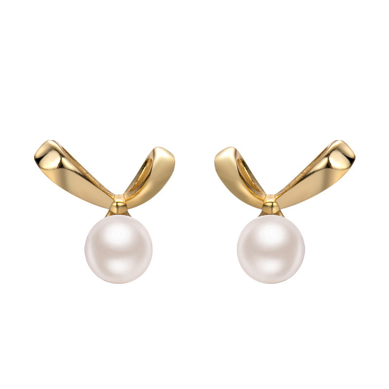 18k Gold Plate Bow Shell Pearls Stud Earrings