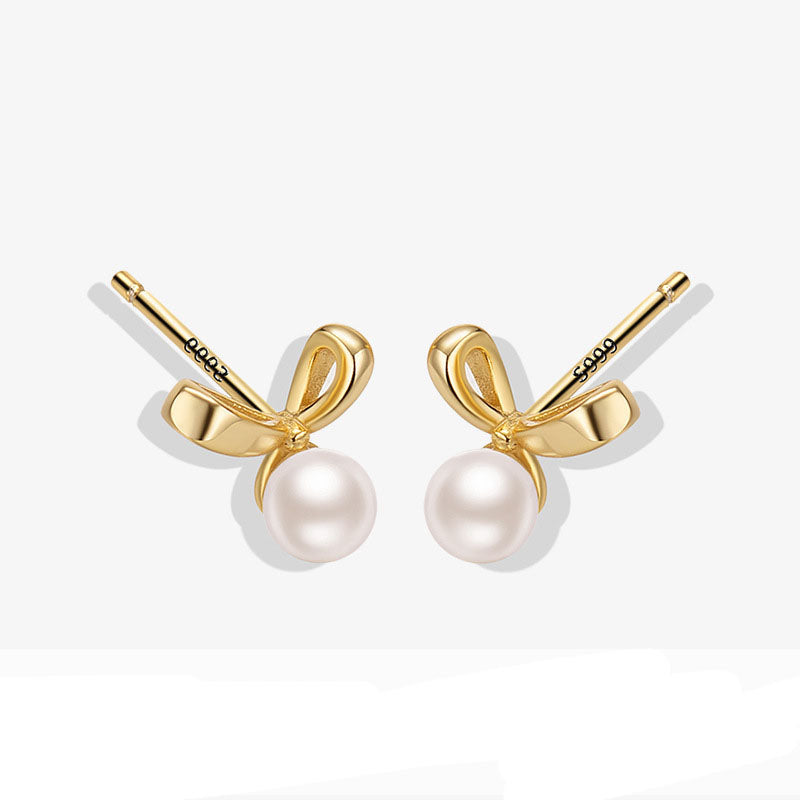 18k Gold Plate Bow Shell Pearls Stud Earrings