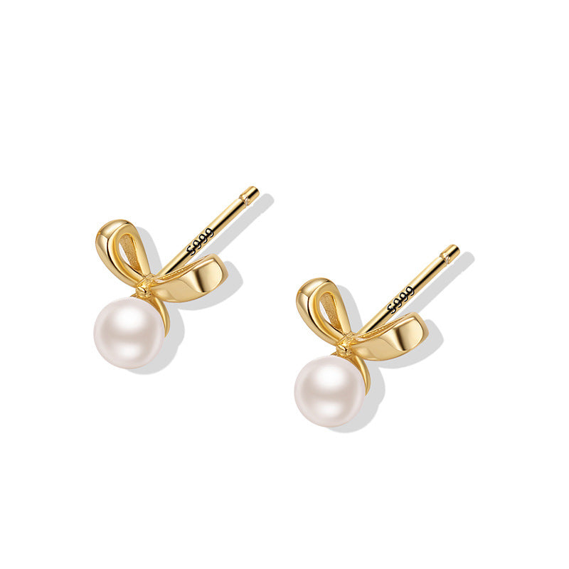 18k Gold Plate Bow Shell Pearls Stud Earrings