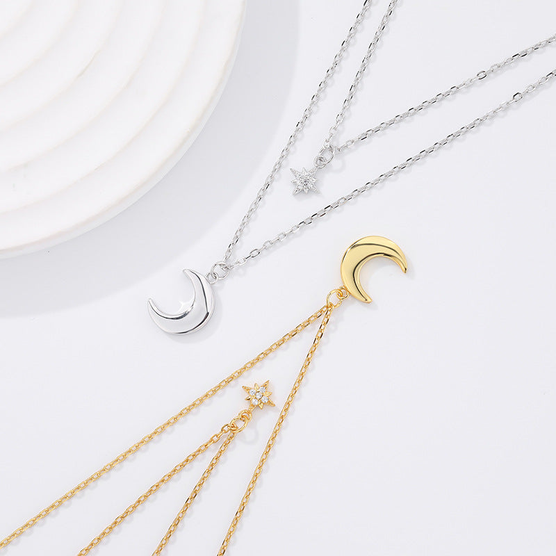 18k Gold Plated Double Layers Crescent Moon Star Stacker Necklace