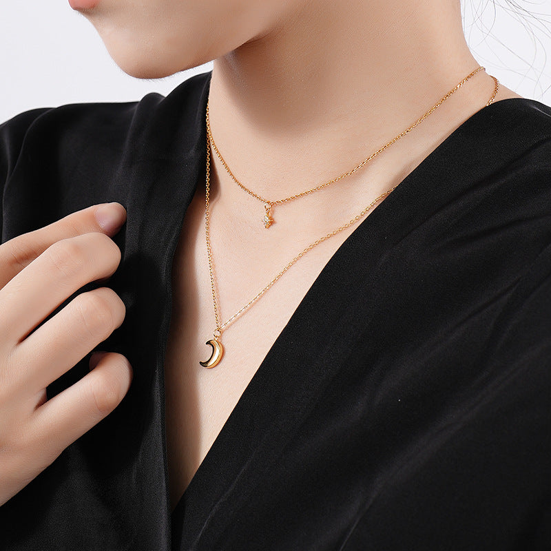 18k Gold Plated Double Layers Crescent Moon Star Stacker Necklace