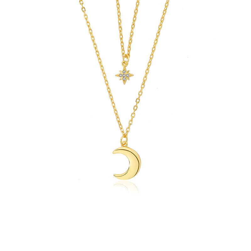 18k Gold Plated Double Layers Crescent Moon Star Stacker Necklace