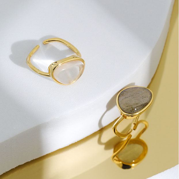 18k Gold Plated Natural Moonstone Crystal Adjustable Ring