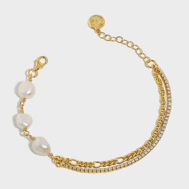 18k Gold Plated Double Layer Chain Natural Pearl Bracelet