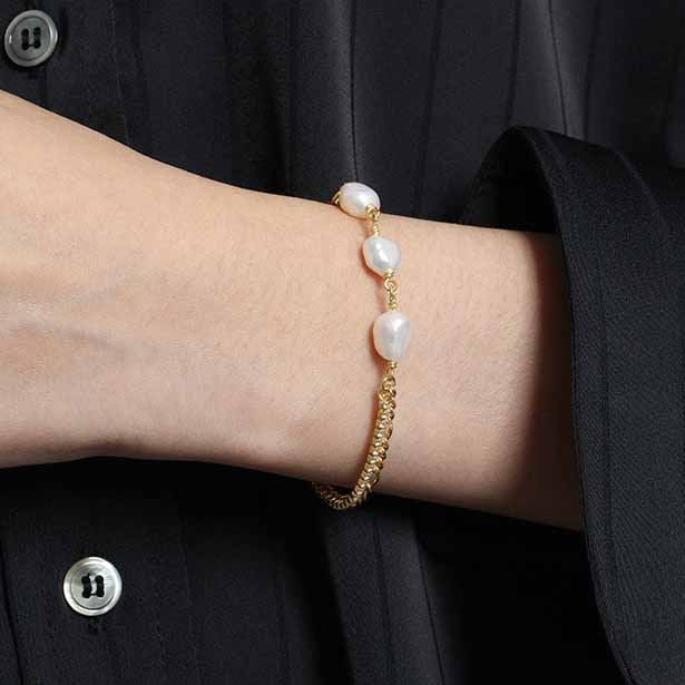 18k Gold Plated Double Layer Chain Natural Pearl Bracelet