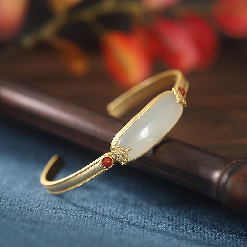 18k Gold Plate Oval Natural Agate and Nephrit  Open Bangle