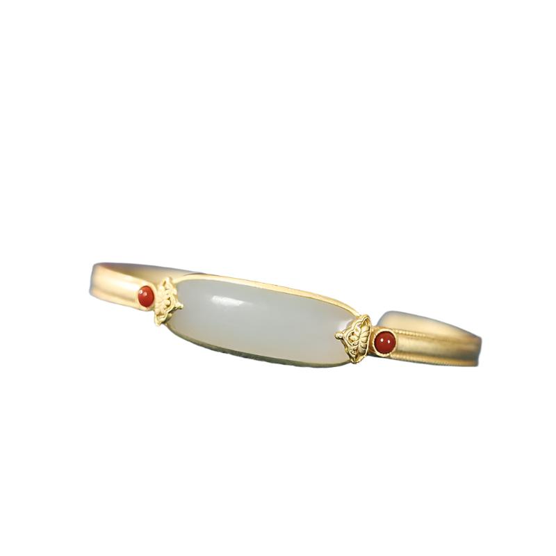 18k Gold Plate Oval Natural Agate and Nephrit  Open Bangle