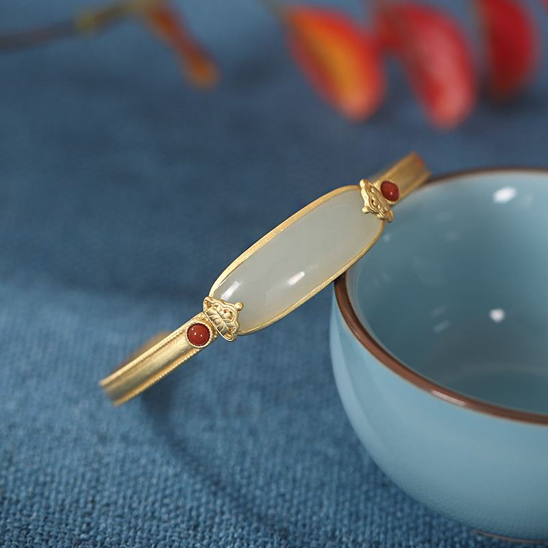 18k Gold Plate Oval Natural Agate and Nephrit  Open Bangle