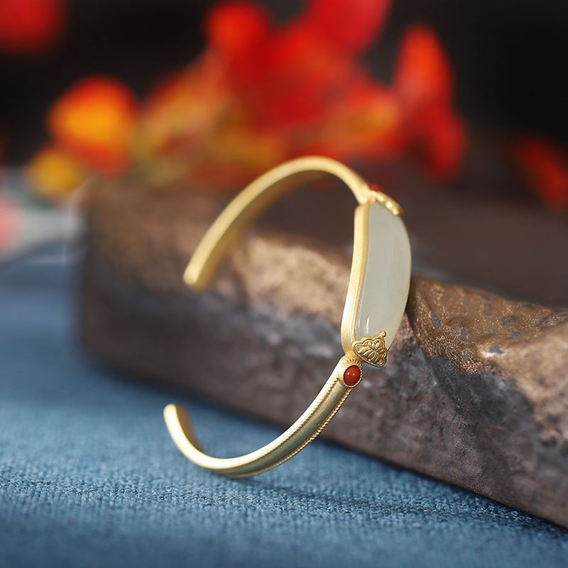 18k Gold Plate Oval Natural Agate and Nephrit  Open Bangle