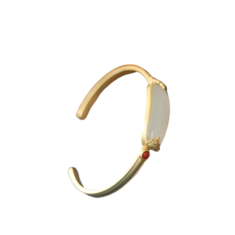 18k Gold Plate Oval Natural Agate and Nephrit  Open Bangle