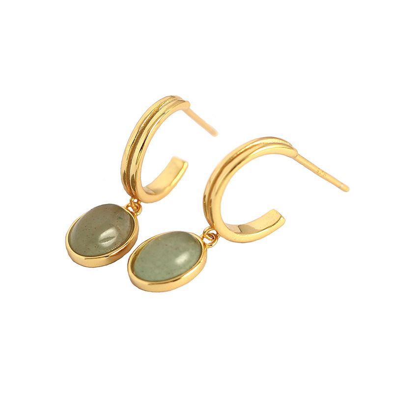 18k Gold Plated Green Oval Aventurine Hoop Earrings