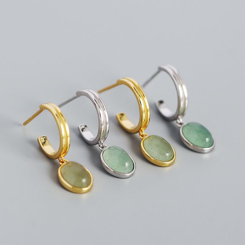 18k Gold Plated Green Oval Aventurine Hoop Earrings