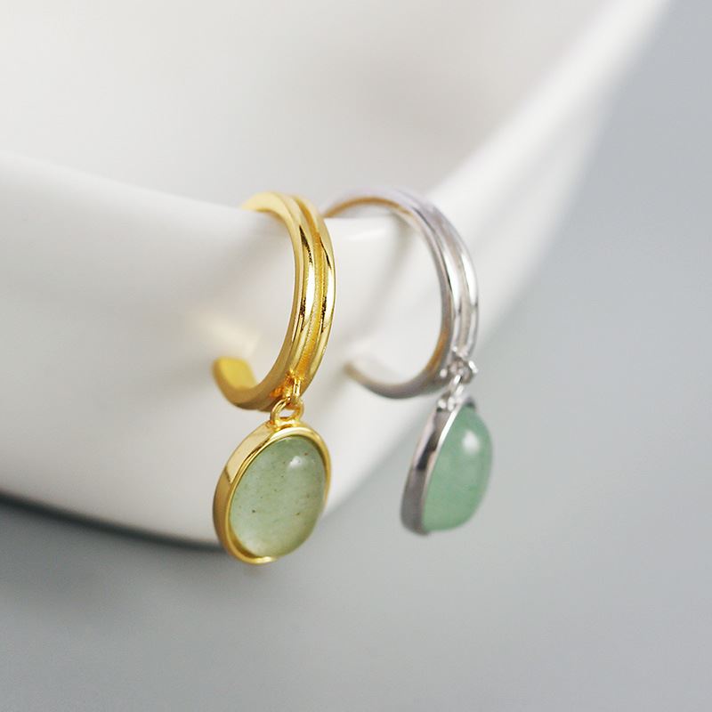 18k Gold Plated Green Oval Aventurine Hoop Earrings