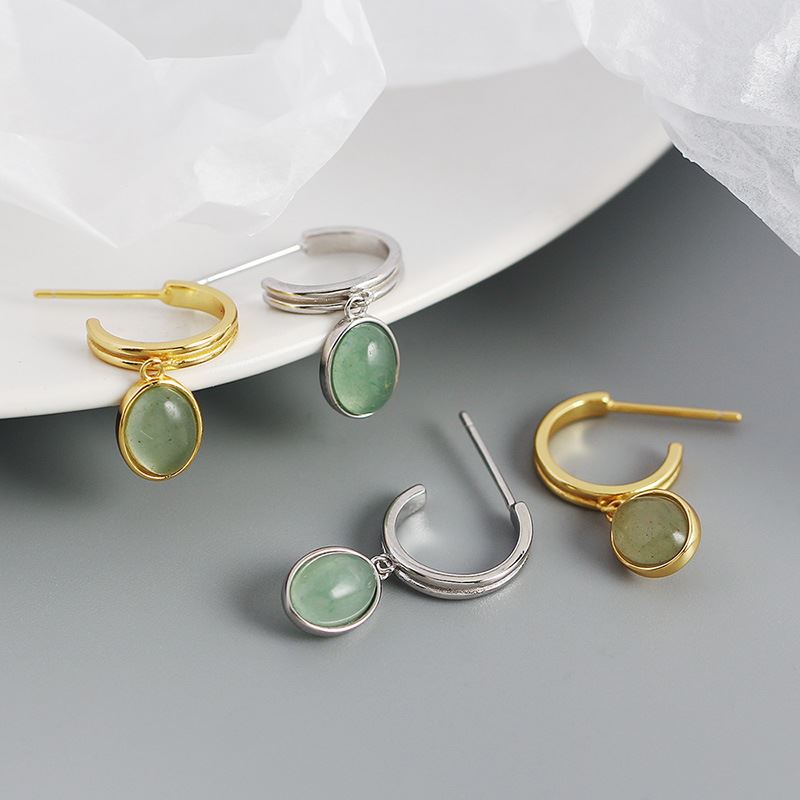 18k Gold Plated Green Oval Aventurine Hoop Earrings